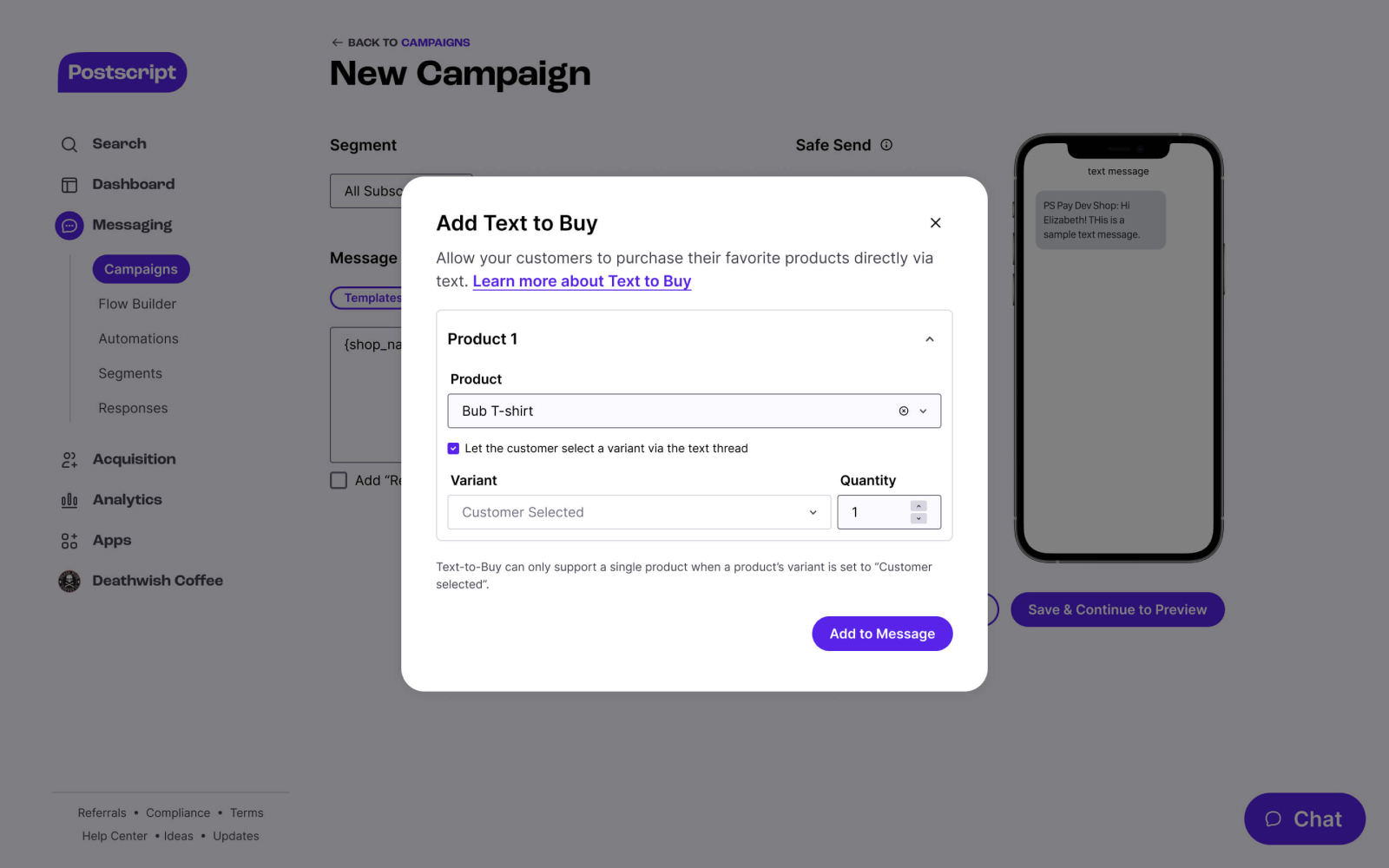 New Text-to-Buy experience for merchants